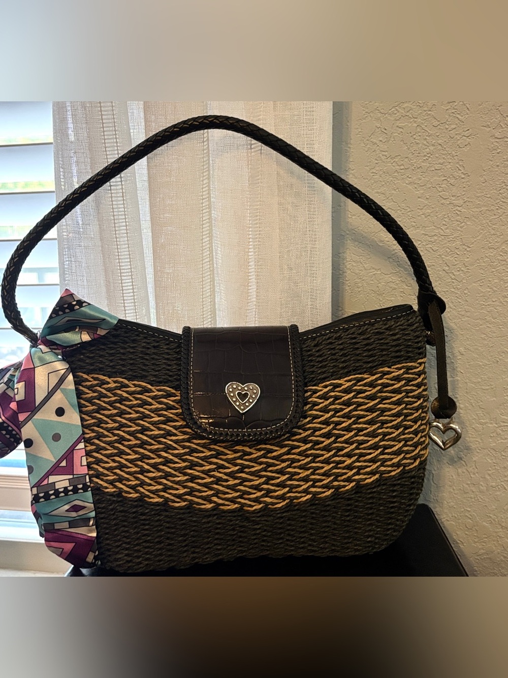 Brighton Vintage Sydney Raffia Shoulder Bag -Black & Tan, Leather Handle & Trim